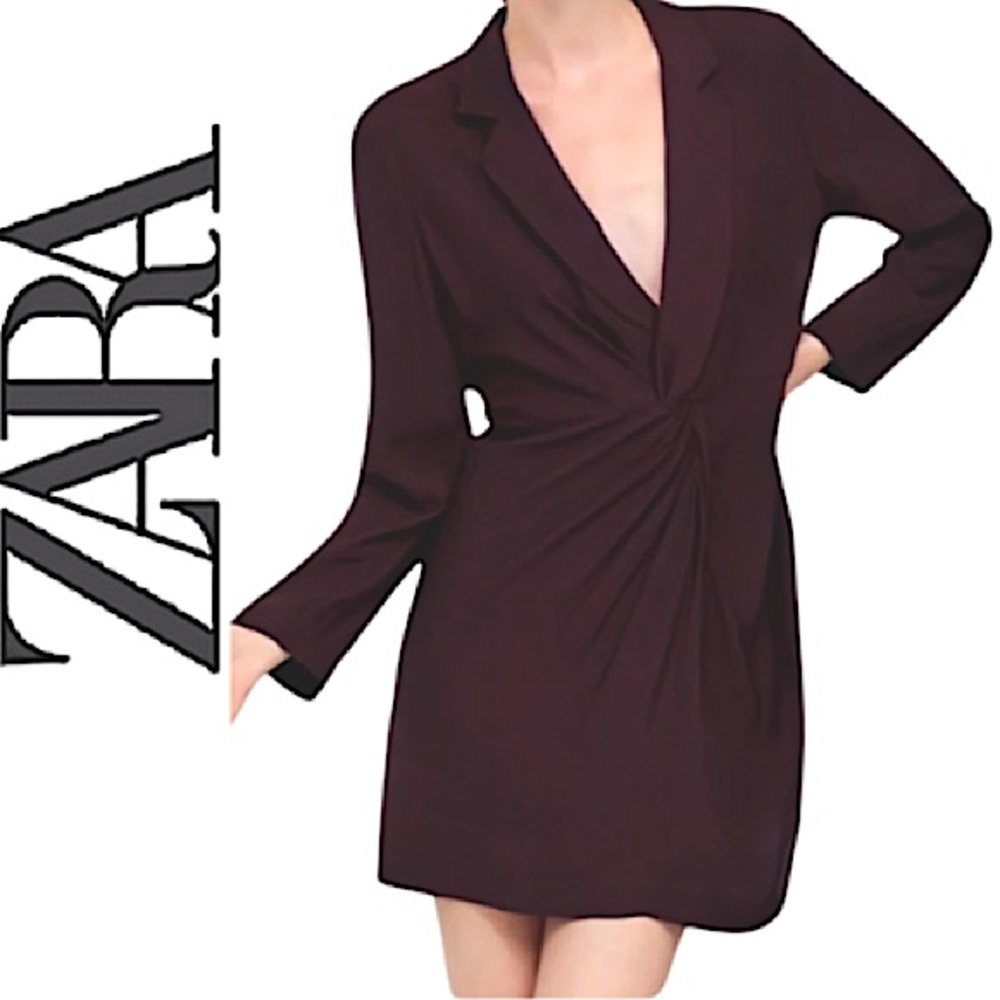 ZARA.NWT. Gorgeous Twisted Knot Long Sleeve Blazer Mini Dress. Deep Plum.L
